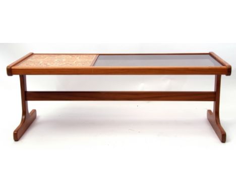 Teak 1970s tinted glass and tile top coffee table, 121cm wide