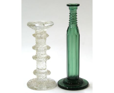 Two Studio glass candlesticks, one in frosted glass with a four ringed stem, engraved with initials to base, the other in gre