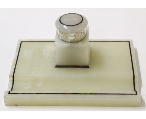 Asprey &amp; Co quartz desk stand in Art Deco style, the inkwell with silver mounts for London 1926, the inkwell and stand in