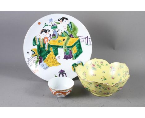 A Chinese shaped rim bowl, decorated with flowers and fruit on a yellow ground with seal mark to base, 9 3/4" dia x 4 1/2" hi