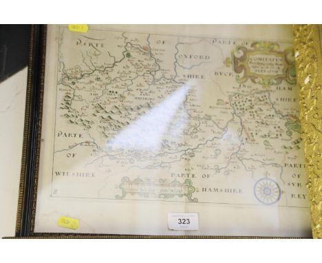 A Saxton map of Berkshire, coloured boundaries, 9 1/2" x 13", in black and gilt frame 