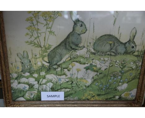 Margaret Tarrant: a set of seven coloured nursery prints, in cream frames, and another print of an Oriental landscape 