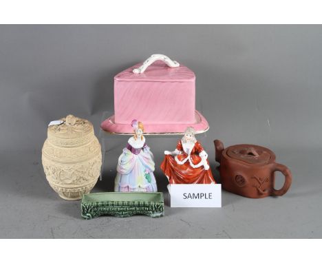 A Chinese Yixing teapot with seal mark to base (cracked), a Wade model bridge, a caneware jar and cover, 6 1/4" high, a pink 