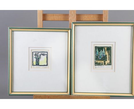 Clarke: four linocuts, still lifes, in strip frames, and a colour print after Rousseau, in strip frame 