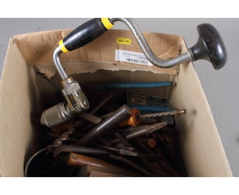 A quantity of vintage and earlier tools, including manual drills, pliers, drill bits, etc 