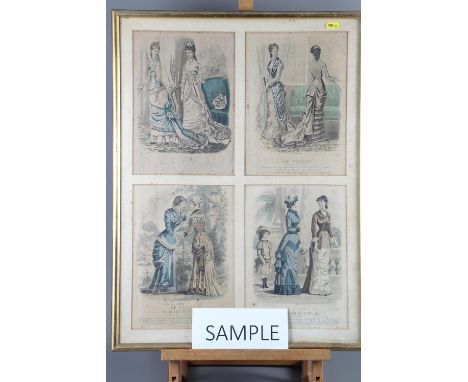 A set of twenty late Victorian hand-coloured fashion plates, in five common gilt frames (foxed), and an aquatint of a bridge,