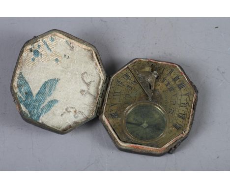 An 18th century French octagonal Butterfield type compass, in fitted leather case with embroidered interior, 3" wideCondition