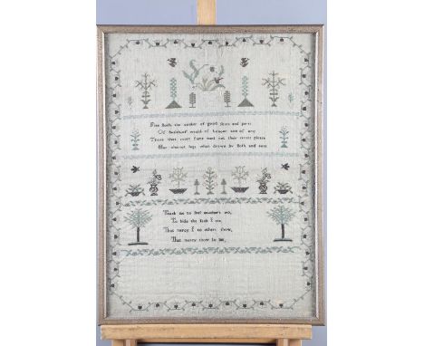 An early 19th century verse sampler with buildings, birds and trees, by Francis Nixon 1822 (holed), a black thread alphabet, 
