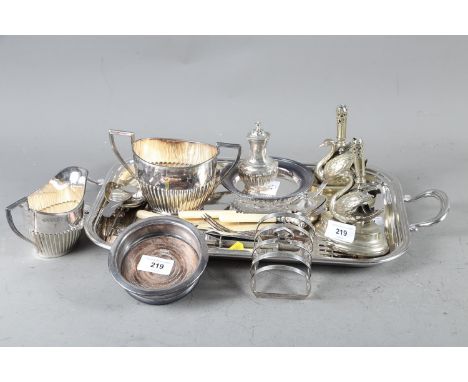 A two-handled silver plated tray, a bottle coaster, two epergne bases, cutlery, etc 