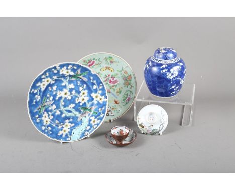A Canton enamel plate, 9" dia (rim chips), a floral decorated plate, a Batavian cafe au lait tea bowl and saucer, and other O