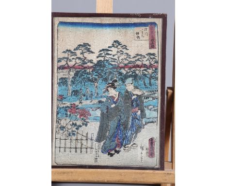 A Japanese woodblock print, on textured paper, figures in a garden in passe-partout mount 