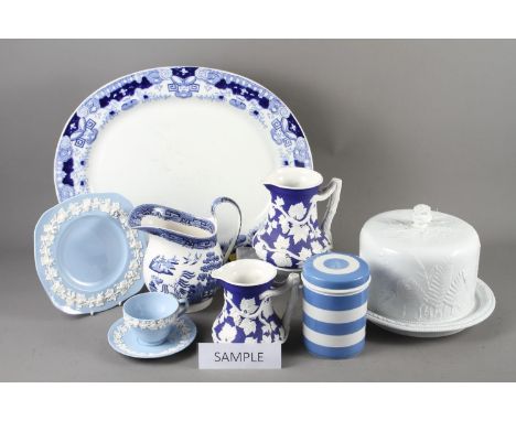 An assortment of blue and white ceramics, Cornish ware, a white Stilton cheese dish (base chipped) and assorted decorative ju