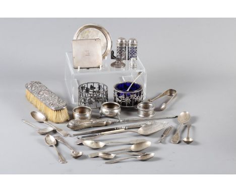 An assortment of silver items, including teaspoons, a clothes brush, a compact, condiments, etc 