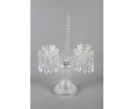 A Waterford cut crystal two-branch table lustre, 19" high (one drop deficient) 