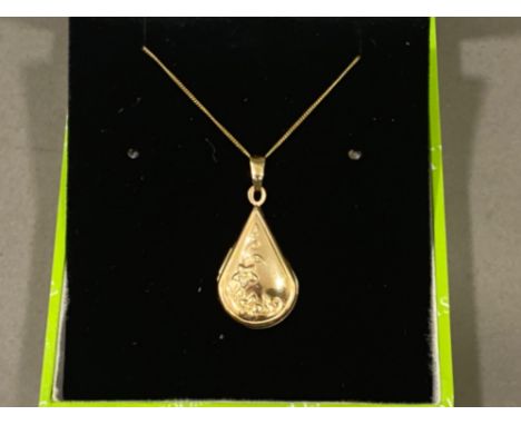 9ct gold rain drop shaped locket on 40cm long chain, 1.9g, boxed