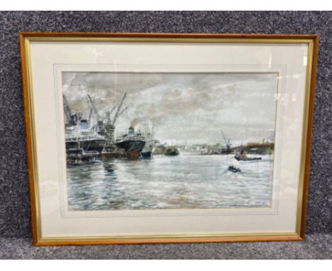 Framed watercolour painting of the River Tyne by Albert H. Herbert, dated 1972 - 53x35cm