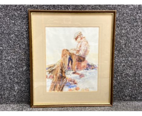 Framed watercolour painting by Tom Manson - fisherman with net, signed bottom right, 20x25cm