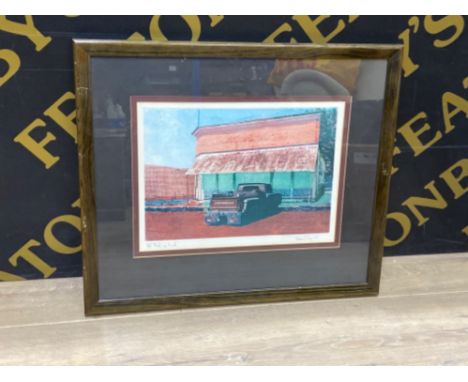 An original limited edition colour etching by David Fry “Pick-up truck” signed and dated 1981 no 11/25 26 x 36cm