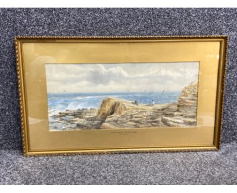 Gilt framed watercolour painting of “Table Rocks” Whitley Bay - signed by the artist A.J.Sticks, 48x22cm