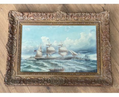 Gilt framed print on canvas of ships at sea