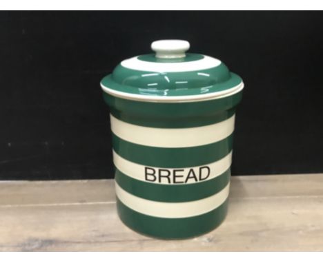 Large Cornish ware bread bin in great condition with unusual green and white pattern 32cm