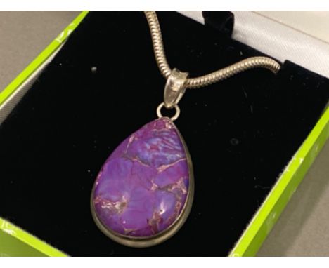 Silver 925 pendant with large purple stone on silver chain, 19.5G gross