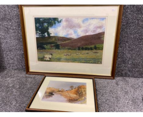 Framed pastel Painting “near hepple Northumberland” by Ross Hickling plus a framed watercolour of Warkmouth mill walk