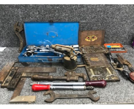Vintage tools and newer to include warrior tap and die set stillson adjustable spanner rabone tape measure etc