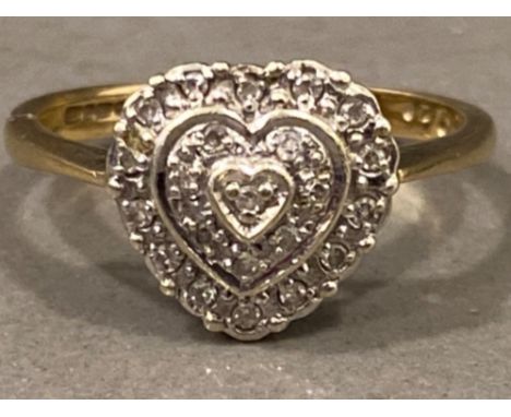 9ct gold heart shaped diamond set ring, size O, 2.8g gross