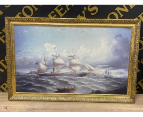 Large gilt framed print of ships at sea - 89x52cm (including frame 100x64cm