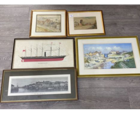 Five framed items includes etching of North Shields, Denmark “Norman” watercolour