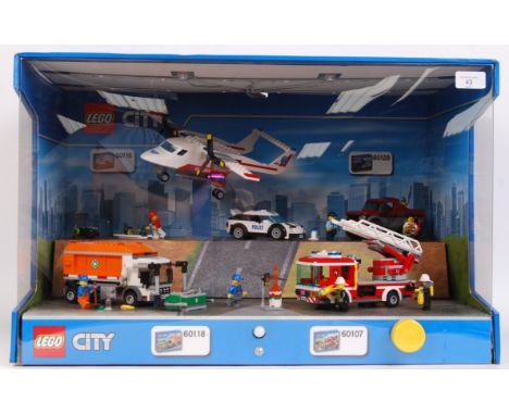 A Lego point of sale shop display advertising cabinet for the City series. Featuring sets 60107, 60118, 60116 and 60128. Full