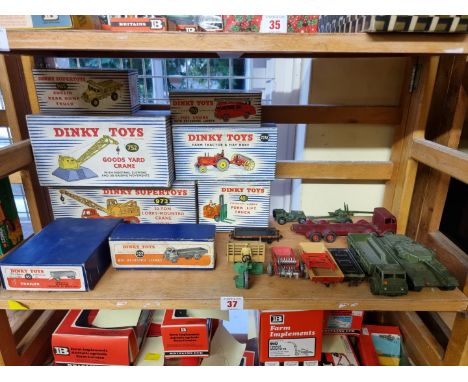 Dinky Toys:&nbsp;eight boxed vintage Dinky Toys, to include Farm Tractor &amp; Hay Rake; and a Goods Yard Crane, (all varying