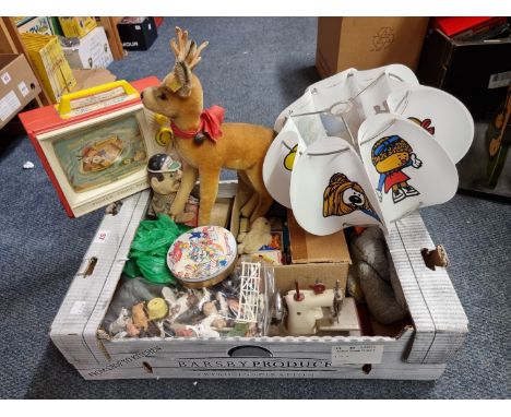 A mixed group of toys:&nbsp;to include a vintage Steiff deer; a tinplate child's sewing machine; a quantity of plastic farm a