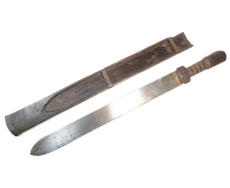 An early 20th Century Bhutanese Lepcha People sword / patag. Wooden grip with wire banding and a thick single edged blade hou