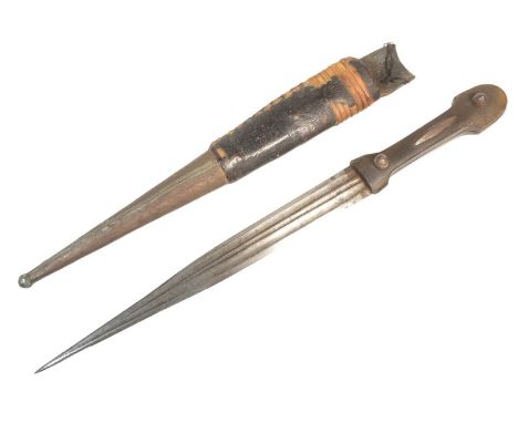 An early 20th Century Caucasian / Russian Cossack Kindjal dagger. Two part wooden hilt with exposed tang and ball protrusions
