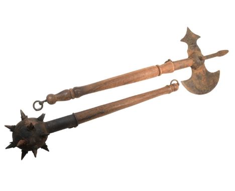 Two reenactment medieval style weapons comprising a globular flail head mace / bludgeon and a double headed battle axe. Large