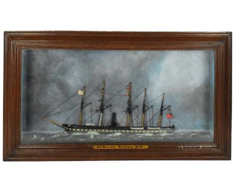 SS Great Britain - a hand made scratch built half-block ship model of SS Great Britain in full sale set against a painted bac