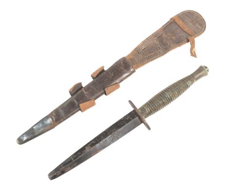 A WWII Second World War FS Fairbairn Sykes Third Pattern Commando knife dagger with a heavy ribbed hilt, unmarked crossguard 