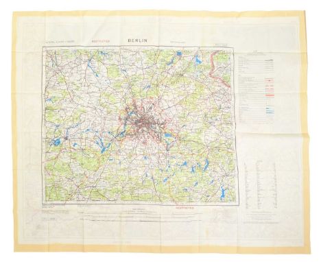 A post War 1950s silk ' escape ' map of Berlin and Allie Occupied Germany. Scale 1:250,000. Measures approx 68x82cm.