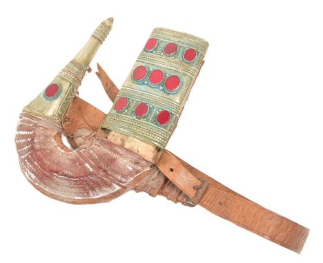 A South Arabian Hadramaut ( Yemen ) Gusbi Jambiya dagger sheath. The up-turned U shape scabbard covered with leather and moun