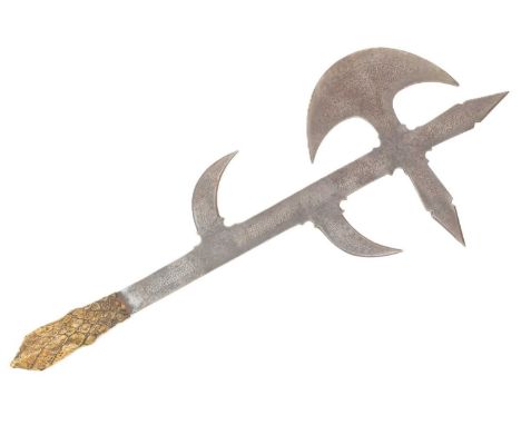 An early 20th Century Sudanese Mahdist People multi blade ceremonial war axe with a crocodile skin grip and thuluth script en