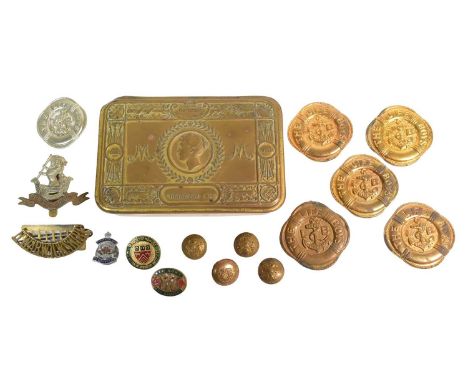 A WWI First World War Princess Mary Christmas tin together with assorted buttons and badges to include The Life Boys, Women's
