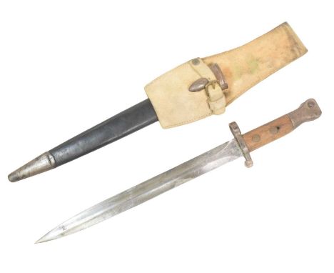 An original Boer War period Second Pattern 1888 Lee Enfield rifle bayonet. Pommel with press stud mechanism, exposed tang and