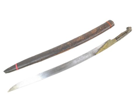 A mid 19th Century Ottoman Empire Turkish Yataghan sword with a horn grip inlaid with roundels and an etched blade beaing var