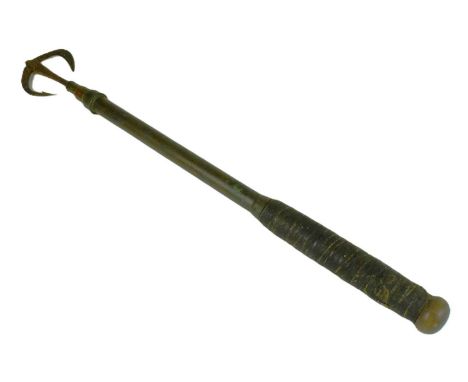 An unusual double sickle ended extending tool. Three draw shaft with two movable sickle shaped curved blades, one with a barb