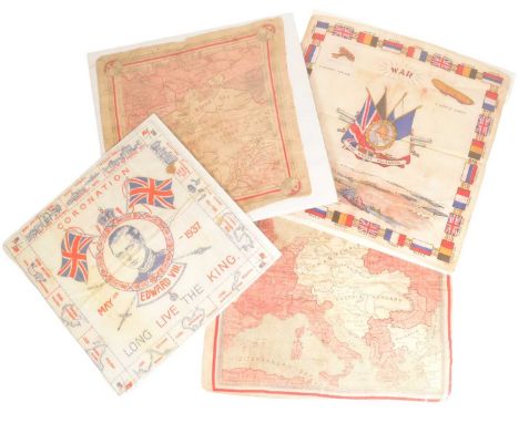 A collection of x4 WWI First World War period souvenir handkerchiefs comprising one of the Dardanelles sold as a souvenir of 