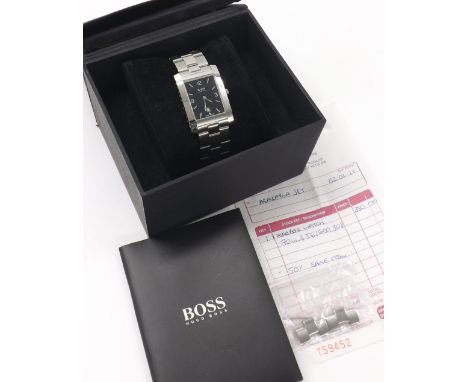 Hugo Boss stainless steel gentleman's bracelet watch, ref. 1600, no. 634O6, rectangular black dial, quartz, 28mm (65LKO5) - *