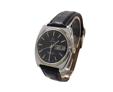 Omega Seamaster automatic stainless steel gentleman's wristwatch, ref. 166.0216.1, circa 1978, black dial with baton markers,