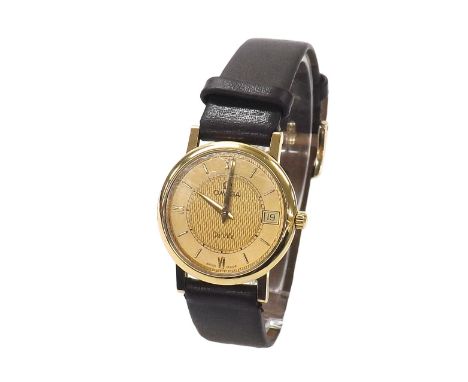 Omega De Ville 18k lady's quartz wristwatch, ref. 596 2379, the champagne engine turned dial with Roman quarter numerals, bat
